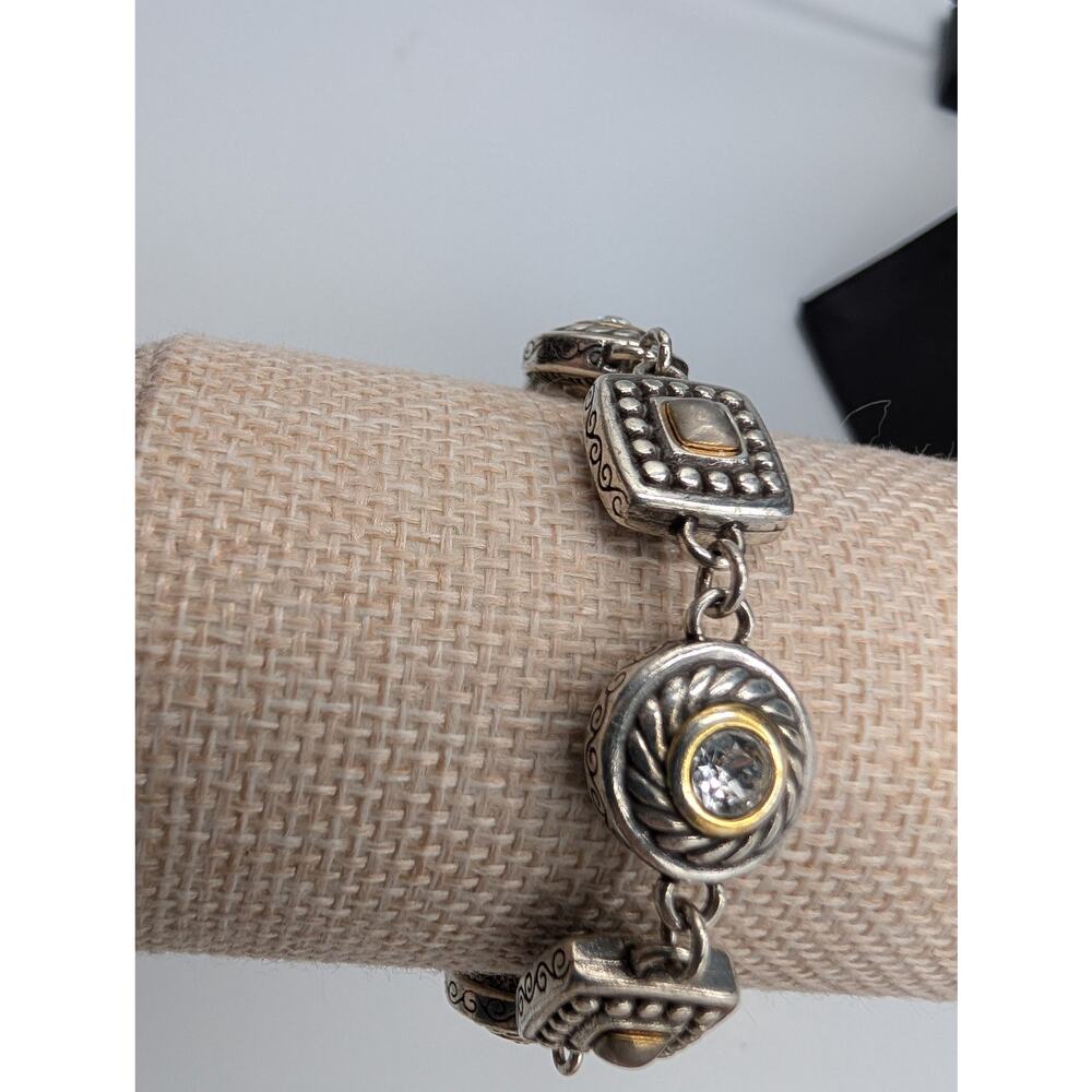 Brighton Link Bracelet Silver Tone Gold Accent Clear & Grey Stone Box Clasp READ